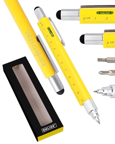 Online Geschenk Stift 6-in-1 mit persönlicher Namens-Gravur Gelb I Multitool Kugelschreiber & Werkzeug I Geschenk für Handwerker, Papa, Mama, Hausbau, Vater- und Muttertag von Online