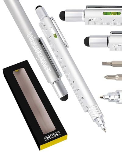 Online Männer Geschenk Stift 6-in-1 mit persönlicher Namens-Gravur Silber I Multitool Kugelschreiber & Werkzeug I Geschenk für Ostern, Handwerker, Papa, Hausbau, Vatertag von Online