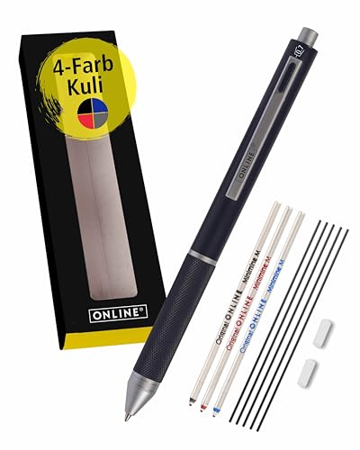 Online Multipen 4-in-1 Schwarz | Kugelschreiber & Bleistift Multifunktionsstift Metall | 3x Kugelschreiber-Mine in blau,schwarz und rot, 1x Druckbleistift-Mine | inkl. Radiergummi, in Geschenkbox von Online