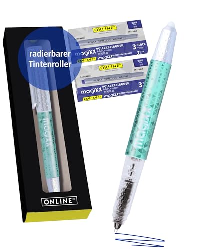 Online magiXX radierbarer Tintenroller Mint I Rollerball mit 0,7mm Strichstärke I inkl. 7x Patrone blau I radierbarer Stift zum Schreibenlernen, für Schüler und Studenten in Box von Online