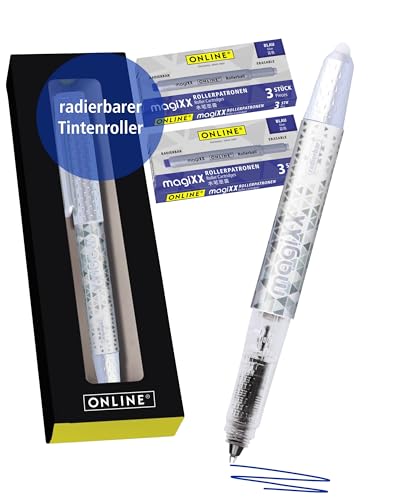 Online magiXX radierbarer Tintenroller Weiß mit Tintenpatronen I Rollerball mit 0,7mm Strichstärke I inkl. 7x Patrone blau I radierbarer Stift von Online