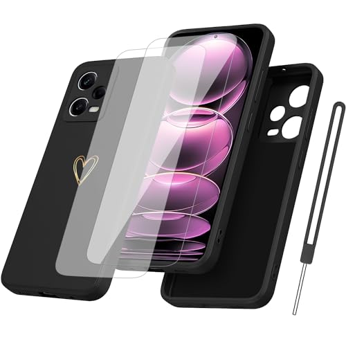 Hülle für Xiaomi Redmi Note 12 Pro 5G Handyhülle Silikon mit Gold Liebesherz ,mit 2 Stück Schutzfolie TPU Liquid Silicone Dünne Weiche Stoßfest Case Schutzhülle für Redmi Note 12 Pro 5G- schwarz von OnlyShield