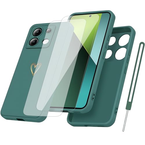 Hülle für Xiaomi Redmi Note 13 5G Handyhülle Silikon mit Gold Liebesherz ,mit 2 Stück Schutzfolie TPU Liquid Silicone Dünne Weiche Stoßfest Case Schutzhülle für Xiaomi Redmi Note 13 5G- Dunkelgrün von OnlyShield