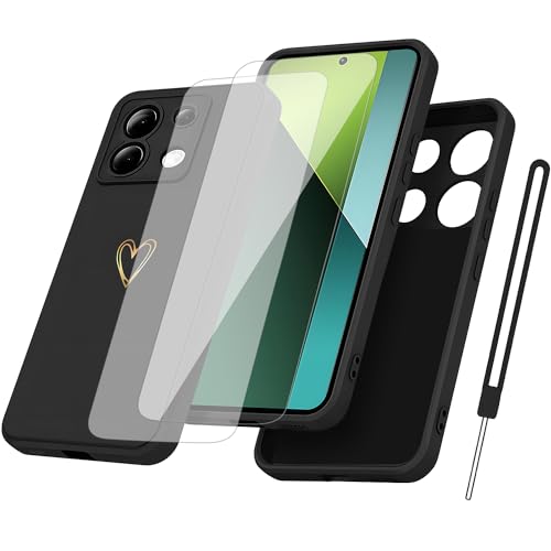 Hülle für Xiaomi Redmi Note 13 Pro 5G Handyhülle Silikon mit Gold Liebesherz ,mit 2 Stück Schutzfolie TPU Liquid Silicone Dünne Weiche Stoßfest Case Schutzhülle für Redmi Note 13 Pro 5G- schwarz von OnlyShield