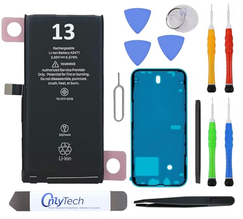OnlyTech Premium-Ersatzakku für iPhone 13 – 3227 mAh, identisch mit dem Original, Set mit 12 professionellen Werkzeugen und Display-Aufkleber von OnlyTech