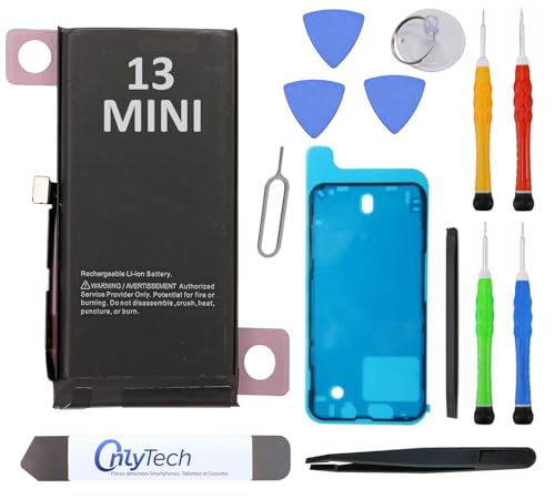 OnlyTech Premium-Ersatzakku für iPhone 13 Mini – 2406 mAh, identisch mit dem Original, 12 professionelle Werkzeuge und Display-Klebeband inklusive von OnlyTech