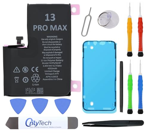 OnlyTech Premium-Ersatzakku für iPhone 13 Pro Max – 4352 mAh, identisch mit dem Original, Set mit 12 professionellen Werkzeugen und Displayschutz inklusive von OnlyTech