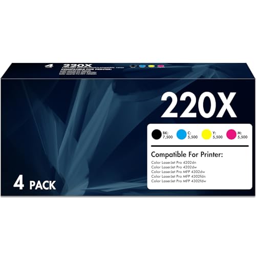 OnmiToner 220X 220A Toner Mit Chip Kompatibel für HP Color Laserjet Pro MFP 4302dw 4302fdw 4302fdn 4202dn 4202dw W2200X W2201X W2202X W2203X Tonerkartusche (Schwarz Cyan Gelb Magenta,4er-Pack) von OnmiToner