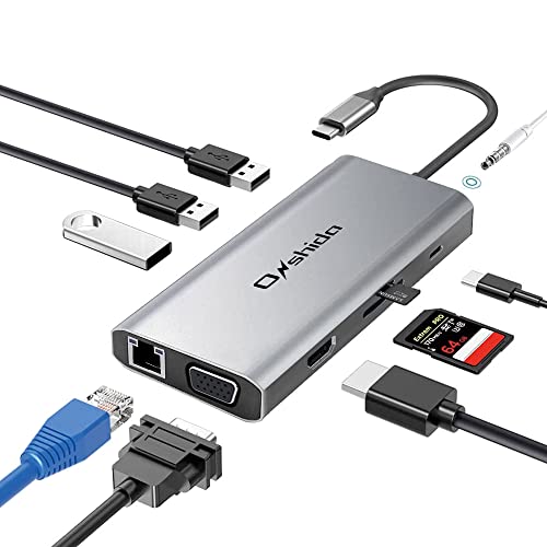 Onshida USB C Hub 10 in 1, DUAL-Display, USB C Adapter mit 4K HDMI, VGA, RJ45 Gigabit Ethernet, Type C PD, 3*USB 3.0, AUX Audio/Mikrofon, SD/TF Kartenleser für MacBook Air/Pro, Samsung S8/S9/S10 von Onshida