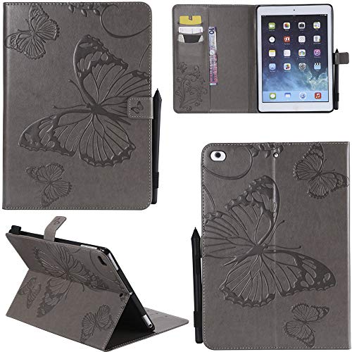 Ooboom® Apple iPad 9.7" 2017/2018 / iPad Air/Air 2 Hülle 3D Schmetterling Muster Prämie PU Leder Schutzhülle Tasche Smart Cover Case Flip Wallet Brieftasche Ständer - Grau von Ooboom