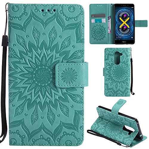Ooboom® Huawei Honor 6X Hülle Sonnenblume Muster Flip PU Leder Schutzhülle Handy Tasche Case Cover Stand mit Kartenfach für Huawei Honor 6X - Grün von Ooboom