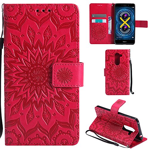 Ooboom® Huawei Honor 6X Hülle Sonnenblume Muster Flip PU Leder Schutzhülle Handy Tasche Case Cover Stand mit Kartenfach für Huawei Honor 6X - Rot von Ooboom