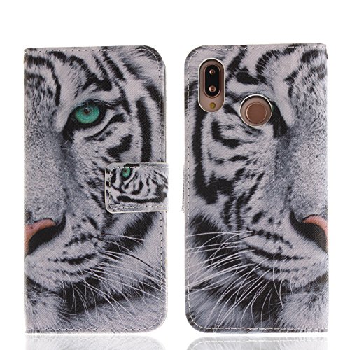 Ooboom® Huawei P20 Lite Hülle Flip PU Leder Schutzhülle Handy Tasche Case Cover Wallet Standfunktion mit Kartenfächer Magnetverschluss für Huawei P20 Lite - Tiger Weiß von Ooboom