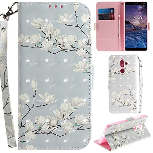 Ooboom® Nokia 7 Plus Hülle 3D Magnetische Flip PU Leder Schutzhülle Handy Tasche Case Cover Ständer mit Kartenfächer Kreditkartenfach Trageschlaufe für Nokia 7 Plus - Weiß Blume von Ooboom