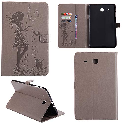 Ooboom® Samsung Galaxy Tab E 9.6 Hülle Smart Cover Prägen Mädchen Muster Flip PU Leder Tasche Brieftasche Wallet Case für Samsung Galaxy Tab E 9.6 - Grau von Ooboom