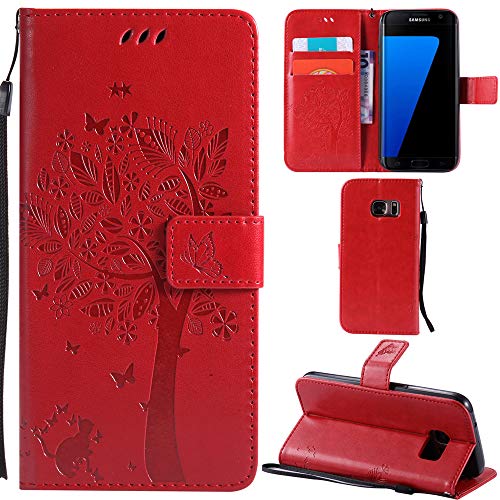 Ooboom® Schutzhülle für Samsung Galaxy S7, Motiv Baum und Katze, PU-Leder, Flip-Case, Brieftasche, Standfunktion, mit Kartenfächern, Rot von Ooboom