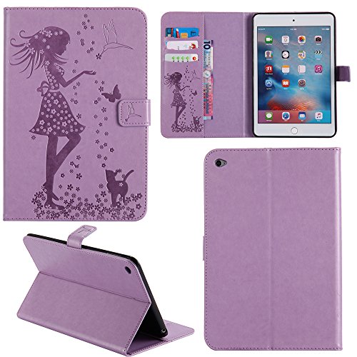 Ooboom® iPad 2/3/4 Hülle Smart Cover Prägen Mädchen Muster Flip PU Leder Tasche Brieftasche Wallet Case für iPad 2/3/4 - Lila von Ooboom