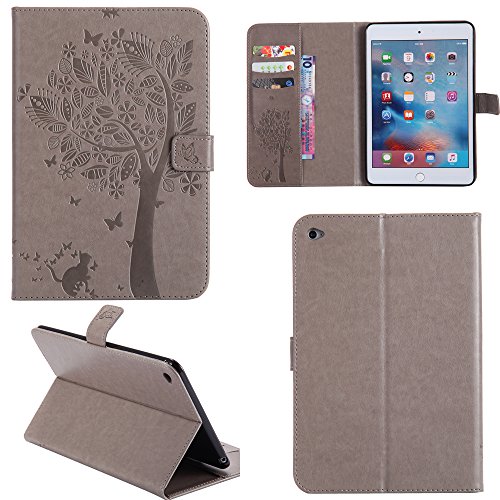 Ooboom® iPad Mini4 Hülle Katze Baum Muster Flip PU Leder Schutzhülle Tasche Case Smart Cover Standfunktion für iPad Mini4 - Grau von Ooboom