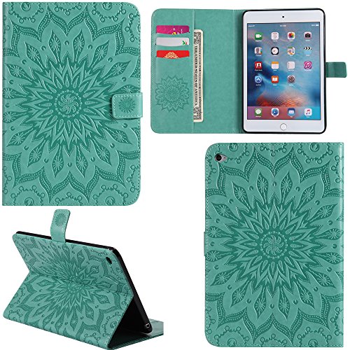 Ooboom® iPad Mini4 Hülle Sonnenblume Muster Flip PU Leder Schutzhülle Tasche Smart Case Cover Stand mit Kartenfach für iPad Mini4 - Grün von Ooboom