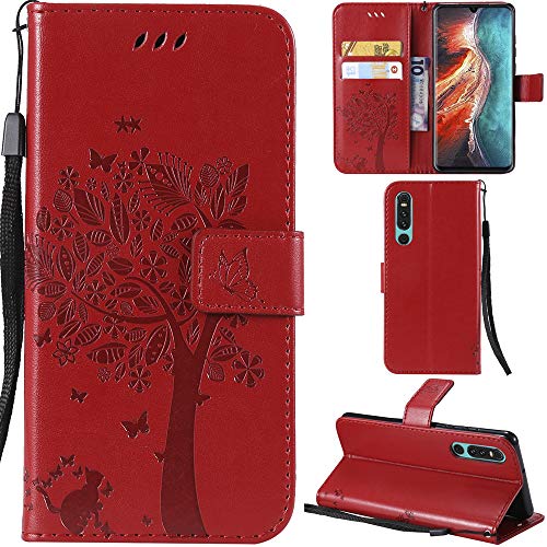 Ooboom Huawei P30 Hülle Katze Baum Muster Flip PU Leder Schutzhülle Handy Tasche Case Cover Standfunktion mit Kartenfächer für Huawei P30 - Rot von Ooboom