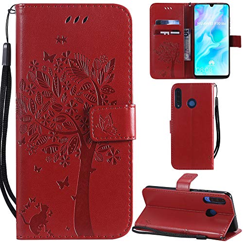 Ooboom Huawei P30 Lite Hülle Katze Baum Muster Flip PU Leder Schutzhülle Handy Tasche Case Cover Standfunktion mit Kartenfächer für Huawei P30 Lite - Rot von Ooboom