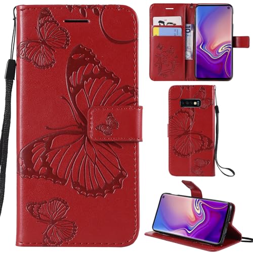 Ooboom Samsung Galaxy S10e Hülle 3D Schmetterling Muster Prämie PU Leder Schutzhülle Tasche Case Flip Cover Wallet Brieftasche Ständer Kartenfächer Kartenfach Trageschlaufe für Galaxy S10e - Rot von Ooboom