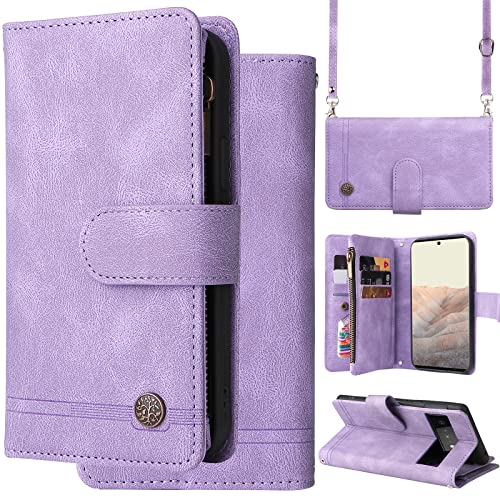 Oobooms Hülle Wallet für Google Pixel 6 Pro, Reißverschluss Zipper Magnetische Flip PU Leder Schutzhülle Handy Tasche Case Cover Silikon TPU Kartenfächer Stand Trageschlaufe Schulterriemen - Lavendel von Oobooms