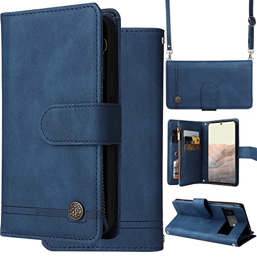 Oobooms Hülle Wallet für Google Pixel 6 Pro, Reißverschluss Zipper Magnetische Flip PU Leder Schutzhülle Handy Tasche Case Cover Silikon TPU Kartenfächer Stand Trageschlaufe Schulterriemen - Blau von Oobooms