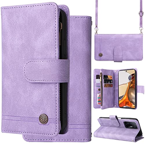 Oobooms Hülle Wallet für Xiaomi Mi 11T/11T Pro, Reißverschluss Zipper Magnetische Flip PU Leder Schutzhülle Handy Tasche Case Cover Silikon TPU Kartenfächer Stand Trageschlaufe Schulterriemen-Lavendel von Oobooms