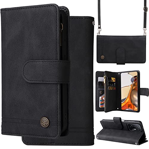 Oobooms Hülle Wallet für Xiaomi Mi 11T/11T Pro, Reißverschluss Zipper Magnetische Flip PU Leder Schutzhülle Handy Tasche Case Cover Silikon TPU Kartenfächer Stand Trageschlaufe Schulterriemen -Schwarz von Oobooms