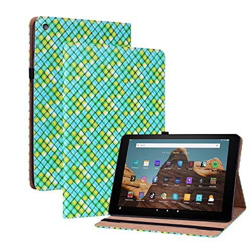 Oobooms Hülle für Amazon Fire HD 8 2016/2017/2018, Gewebte Muster Flip Folio Smart Cover PU Leder Schutzhülle Tasche Brieftasche Wallet Case Ständer Kartenfächer Gummiband - Grün von Oobooms