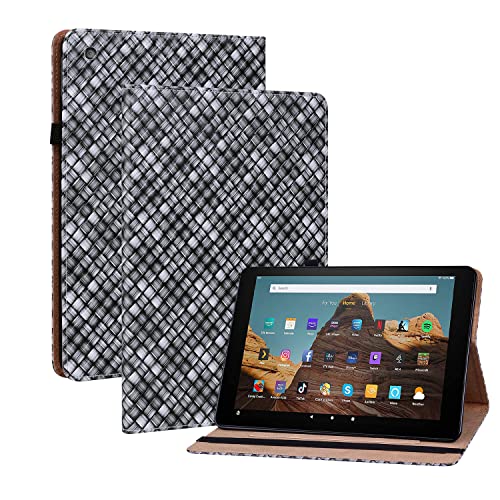 Oobooms Hülle für Amazon Fire HD 8 2016/2017/2018, Gewebte Muster Flip Folio Smart Cover PU Leder Schutzhülle Tasche Brieftasche Wallet Case Ständer Kartenfächer Gummiband - Schwarz von Oobooms