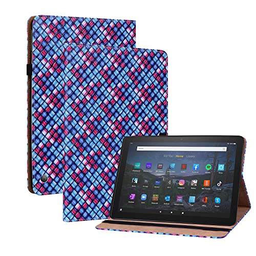 Oobooms Hülle für Fire HD 10 2021/HD 10 Plus Tablet 10,1" 2021, Gewebte Muster Flip Folio Smart Cover PU Leder Schutzhülle Tasche Brieftasche Wallet Case Ständer Kartenfächer Gummiband - Blau von Oobooms