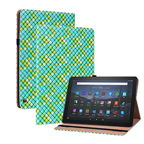 Oobooms Hülle für Fire HD 10 2021/HD 10 Plus Tablet 10,1" 2021, Gewebte Muster Flip Folio Smart Cover PU Leder Schutzhülle Tasche Brieftasche Wallet Case Ständer Kartenfächer Gummiband - Grün von Oobooms