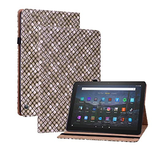 Oobooms Hülle für Fire HD 8 2020/Fire HD 8 Plus Tablet 2020, Gewebte Muster Flip Folio Smart Cover PU Leder Schutzhülle Tasche Brieftasche Wallet Case Ständer Kartenfächer Gummiband - Braun von Oobooms