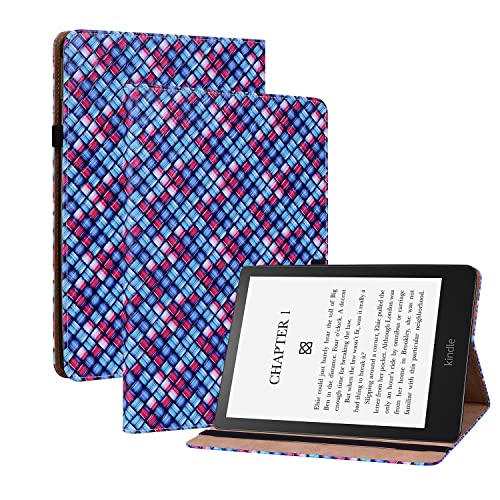 Oobooms Hülle für Kindle Paperwite 5 2021, Gewebte Muster Flip Folio Smart Cover PU Leder Schutzhülle Tasche Brieftasche Wallet Case Ständer Kartenfächer Gummiband - Blau von Oobooms