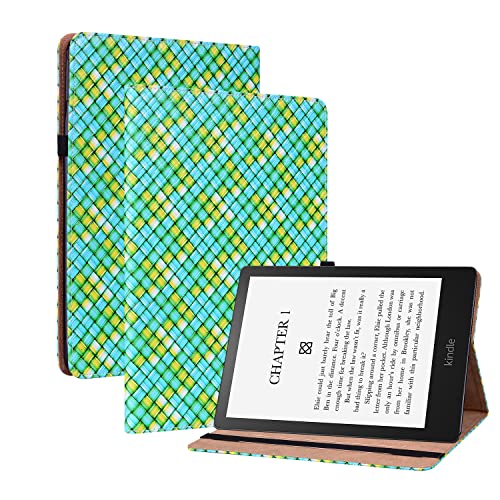 Oobooms Hülle für Kindle Paperwite 5 2021, Gewebte Muster Flip Folio Smart Cover PU Leder Schutzhülle Tasche Brieftasche Wallet Case Ständer Kartenfächer Gummiband - Grün von Oobooms