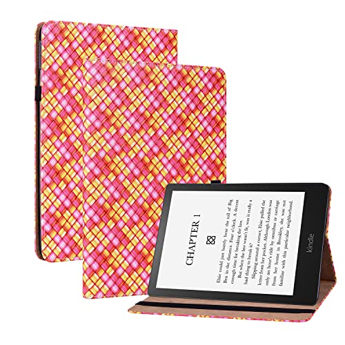 Oobooms Hülle für Kindle Paperwite 5 2021, Gewebte Muster Flip Folio Smart Cover PU Leder Schutzhülle Tasche Brieftasche Wallet Case Ständer Kartenfächer Gummiband - Rose von Oobooms