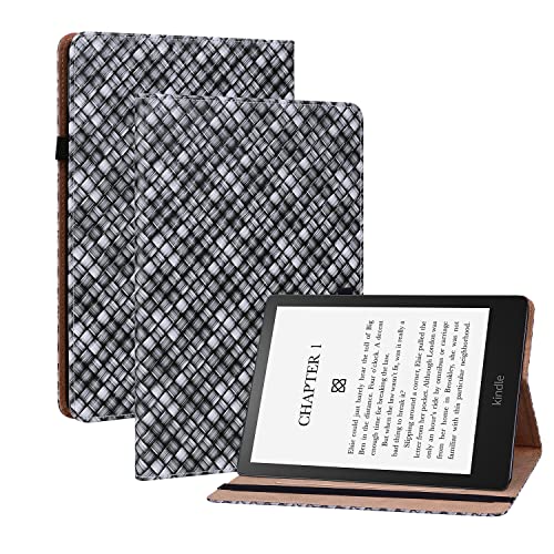 Oobooms Hülle für Kindle Paperwite 5 2021, Gewebte Muster Flip Folio Smart Cover PU Leder Schutzhülle Tasche Brieftasche Wallet Case Ständer Kartenfächer Gummiband - Schwarz von Oobooms