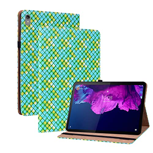 Oobooms Hülle für Lenovo Tab P11 11", Gewebte Muster Flip Folio Smart Cover PU Leder Schutzhülle Tasche Brieftasche Wallet Case Ständer Kartenfächer Gummiband - Grün von Oobooms