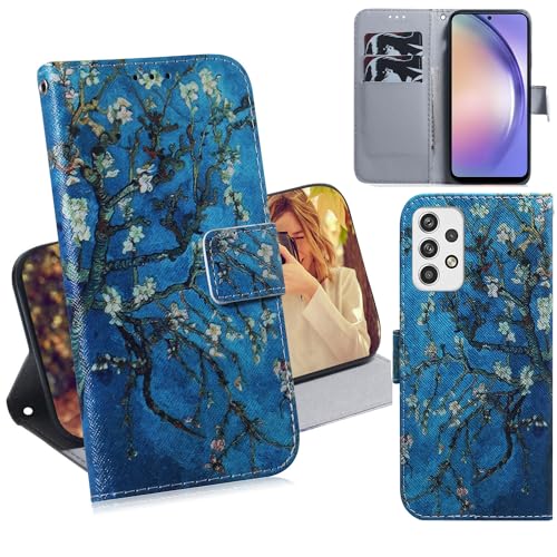 Oobooms Hülle für Samsung Galaxy M52 5G, Flip PU Leder Schutzhülle Handy Tasche Case Cover Wallet Standfunktion mit Kartenfächer Magnetverschluss - Blau Blume von Oobooms