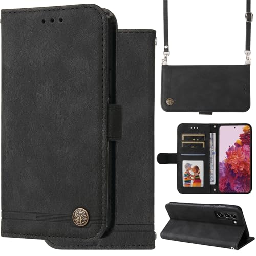 Oobooms Hülle für Samsung Galaxy S21 FE, Wallet Magnetische Flip PU Leder Schutzhülle Handy Tasche Case Cover mit Silikon TPU Kartenfächer Stand Trageschlaufe Schulterriemen - Schwarz von Oobooms