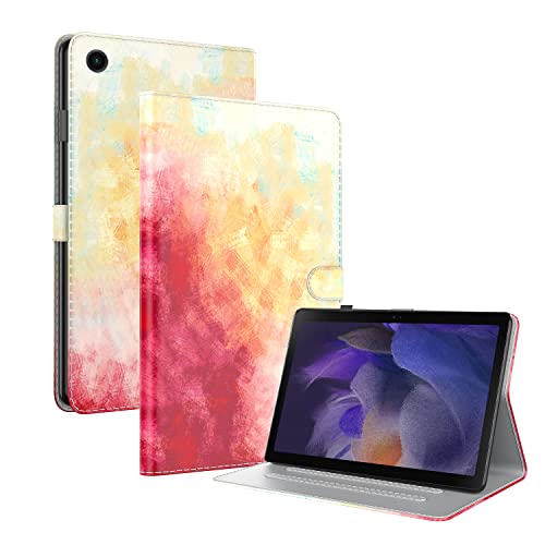 Oobooms Hülle für Samsung Galaxy Tab A8 10,5", Malerei Design Magnetische Flip Folio Smart Cover PU Leder Schutzhülle Tasche Brieftasche Wallet Case Ständer mit Kartenfächer - Rot Gelb von Oobooms