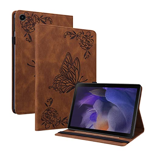 Oobooms Hülle für Samsung Galaxy Tab A8 10,5", Retro Schmetterling Blume Muster Flip Smart Cover PU Leder Schutzhülle Tasche Brieftasche Wallet Case Ständer Kartenfächer Gummiband - Braun von Oobooms