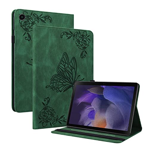 Oobooms Hülle für Samsung Galaxy Tab A8 10,5", Retro Schmetterling Blume Muster Flip Smart Cover PU Leder Schutzhülle Tasche Brieftasche Wallet Case Ständer Kartenfächer Gummiband - Grün von Oobooms