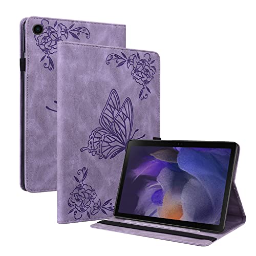 Oobooms Hülle für Samsung Galaxy Tab A8 10,5", Retro Schmetterling Blume Muster Flip Smart Cover PU Leder Schutzhülle Tasche Brieftasche Wallet Case Ständer Kartenfächer Gummiband - Lavendel von Oobooms