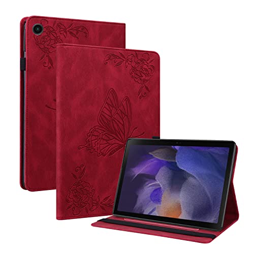 Oobooms Hülle für Samsung Galaxy Tab A8 10,5", Retro Schmetterling Blume Muster Flip Smart Cover PU Leder Schutzhülle Tasche Brieftasche Wallet Case Ständer Kartenfächer Gummiband - Rot von Oobooms