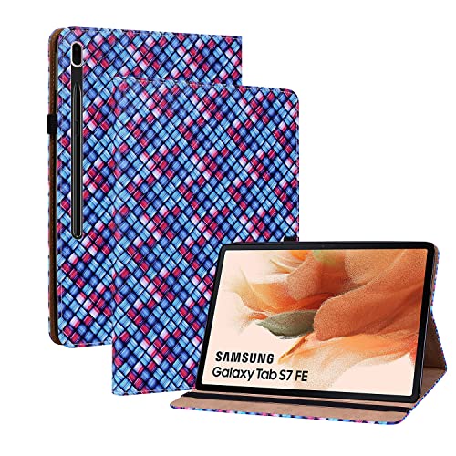 Oobooms Hülle für Samsung Galaxy Tab S7+ Plus/Tab S7 FE, Gewebte Muster Flip Folio Smart Cover PU Leder Schutzhülle Tasche Brieftasche Wallet Case Ständer Kartenfächer Gummiband - Blau von Oobooms