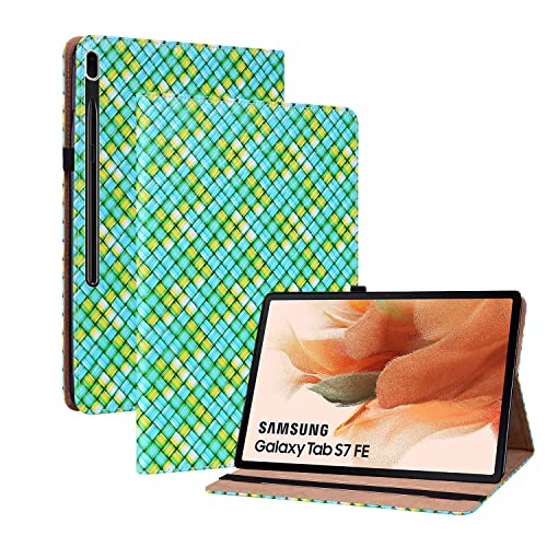 Oobooms Hülle für Samsung Galaxy Tab S7+ Plus/Tab S7 FE, Gewebte Muster Flip Folio Smart Cover PU Leder Schutzhülle Tasche Brieftasche Wallet Case Ständer Kartenfächer Gummiband - Grün von Oobooms