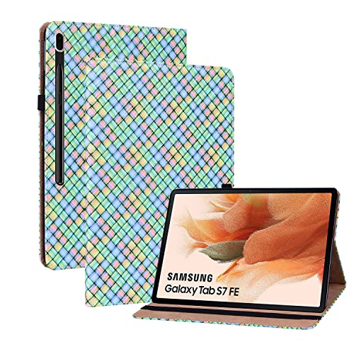 Oobooms Hülle für Samsung Galaxy Tab S7+ Plus/Tab S7 FE, Gewebte Muster Flip Folio Smart Cover PU Leder Schutzhülle Tasche Brieftasche Wallet Case Ständer Kartenfächer Gummiband - Irisierend von Oobooms